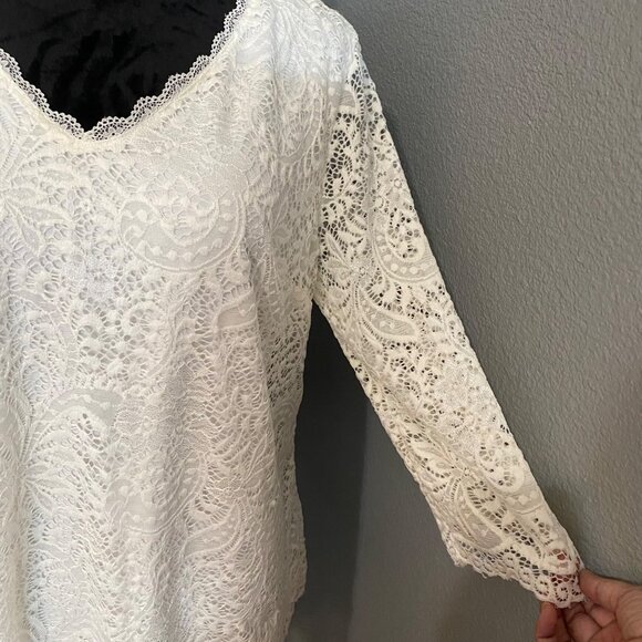 Roz & Ali Blouse Size Large Off White Lace V-Neck Paisley Top Lined Cottagecore - Picture 3 of 10